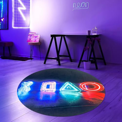Teppich-Traum Tapis Rond Setup Zocker antidérapant Facile d'entretien Plat résistant à l'usure Gaming Room stylé Durable décor Moderne en Noir & Couleurs néon 160 cm