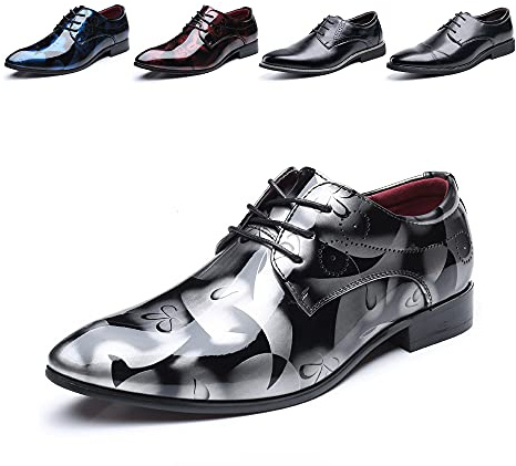 Hitmars Derby Shoes for Men Business Oxford Shoes Brogue Patent Leather Mens Dress Shoes Lace-Ups Formal Slip-On 1 Grey UK 6.5