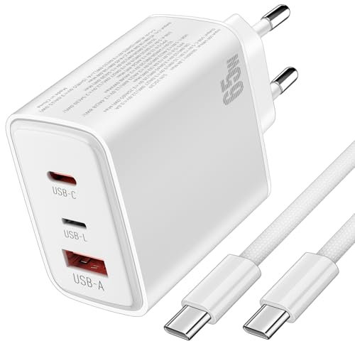 65W Caricatore USB C 3 Porte GaN PD & PPS Ricarica Rapida per MacBook Air Galaxybook iPhone 16 15 14 13 iPad Pro Galaxy S25 Ultra S24 Pixel Chromebook 9 Con 2M Cavo per Xiaomi Honor Steam Deck Bianca
