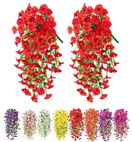Denxahao 2 Stück Künstliche Blumen Hängend Kunstblumen Kunstpflanzen Imitationsblumen Kunstblumen Geeignet für Zuhause, Hochzeiten, Außenbereich, Hofdekoration und Wandanhänger (Rot)