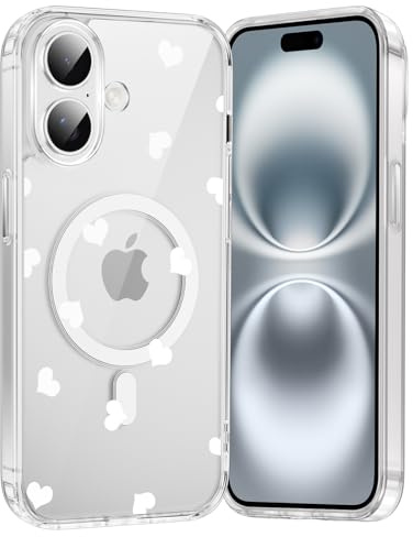 Saqmkil Handyhülle für iPhone 16 Plus Hülle für Magsafe mit Herz Muster | Aesthetic Weiß Motiv Mädchen Magnetische Case, Transparent Weich Silikon Dünn TPU Stoßfeste Schutzhülle Cover 6,7