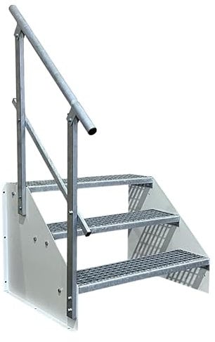 SRM Design 3 Stufen Standtreppe Stahltreppe Wangentreppe Gitterrosttreppe Außentreppe Industrietreppe freistehend Breite 70cm Höhe 63cm weiß 1x Geländer