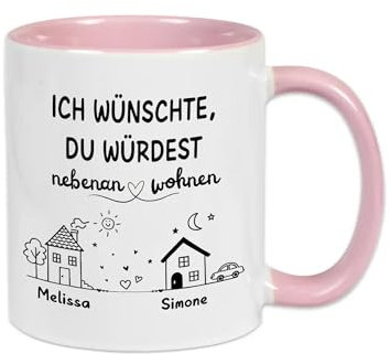 Druckerino Tasse personalisiert mit Namen | Ich wünschte Du würdest nebenan wohnen | Geschenk beste Freundin | personalisierte Geschenke (Rosa)