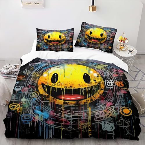 FUHAOLI Bettwäsche 135x200cm,Gelber Smiley AI 3D Druck Bettbezüge Kissenbezügen 80×80 cm Mikrofaser Bettbezug,3 teilig,Bequem und atmungsaktiv Bettbezug,mit Reißverschluss#FD4