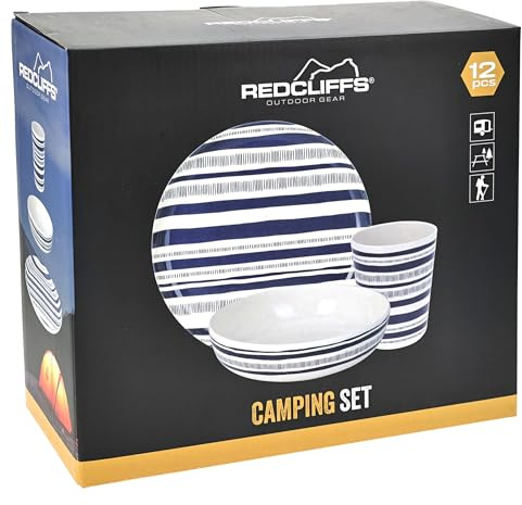 12-teiliges Camping-Geschirrset – Outdoor Geschirr in Keramikoptik – 4 Teller, 4 Schalen, 4 Tassen – Robust, spülmaschinenfest & leicht – Ideal für Camping, Picknick & Vanlife