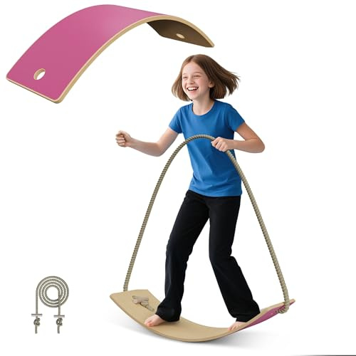 XMTECH Balance Board aus Holz mit EVA Anti-Rutsch Matte Rosa, Kinder Balancierbrett 82x30x1,5 cm, Wackelbrett für Gleichgewicht und Koordination, inkl. Seil & Holzstäbe