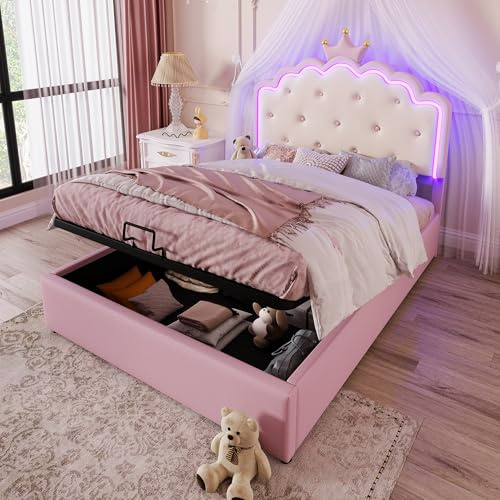 RIAZOS Kinderbett Polsterbett 140x200, Prinzessinnenbett mit Kronen-Kopfteil, Doppelbett mit Hydraulisches Stauraum, Bettgestell mit LED und Lattenrost, PU-Leder, Rosa, ohne Matratze