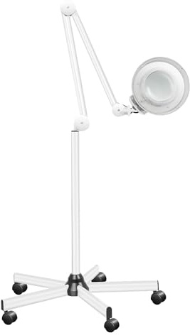 Weiß LED Lupenleuchte, 8 Dioptrien Lupe mit Licht Dimmbar Tischklemme Lampe 22W mit Ständer und Rädern, 8X Lupenleuchte Kosmetik Lampe Lupenlampe Arbeitsplatzlampe, für Kosmetikerinnen Stickerinnen Za
