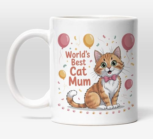 Millhouse Prints World's Best Cat Mum Mug – Celebration Orange Tabby Coffee Cup – Cat Lover – 11oz Ceramic