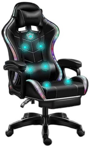 HGTRH Sedia da Gioco con Massaggio a 7 Punti, Sedia Gaming RGB con Poggiapiedi Cuscino Seduta/Schienale in Lattice Sistema Audio Schienale Reclinabile da 90° A 135° Altezza Regolabile Black