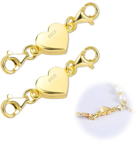 2 Pcs 925 Sterling Heart Magnetic Necklace Clasps, Magnetic Jewelry Clasps | Golds Magnetics Clasps for Necklaces Extenders, Double Lobster Clasp, Used for Most Chain and DIY Jewelry Making