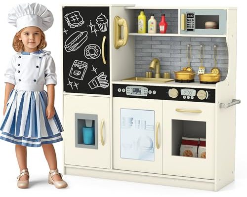 GYMAX Pretend Play Kitchen, Toddler Kitchen Playset with Blackboard, Phone, Microwave, Ice Maker, Dishwasher, Oven, Accessories & Sounds, Wooden Kitchen Toy for 3-6 Years Old (Beige)