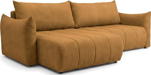 WFL GROUP Ecksofa mit Schlaffunktion & Bettkasten – Skandi 4-Sitzer Schlafsofa in L-Form – Freistehende Eckcouch, Ottomane Links oder Rechts Montierbar – Liegefläche 220 × 145 cm – Cordstoff Senfgelb