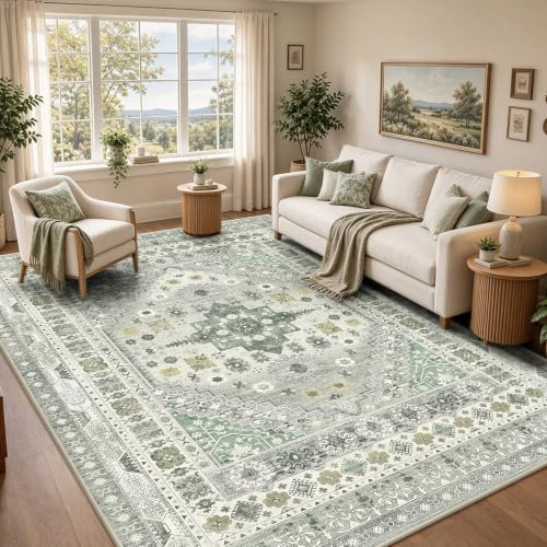 Capslpad Vintage Teppich 160x230cm Waschbar rutschfest, Hellgrün | Weicher Kurzflor, Großer Boho Stil für Wohnzimmer, Schlafzimmer, Büro, Esszimmer