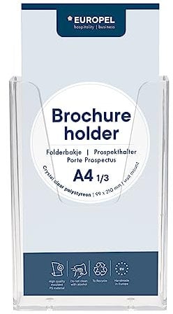 Europel Prospekthalter Wandmontage Einzelfach für DIN 1/3 A4 im Hochformat, Transparent, Acryl, Broschürenständer für Büros, Broschürenhalter für Menü, Faltblatt, Flyer