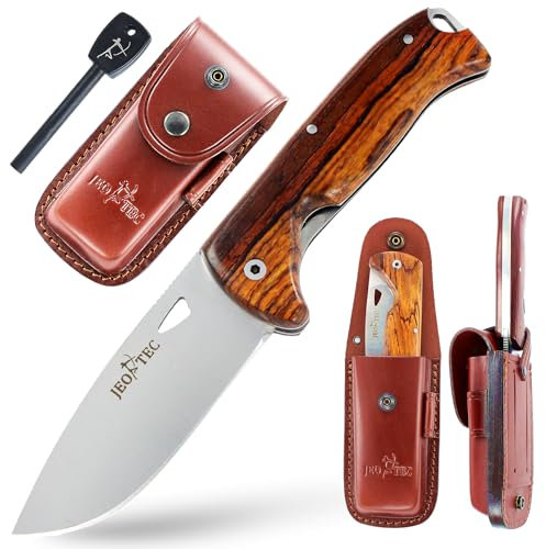 JEO-TEC 47: Couteau Pliant de Chasse Survie Bushcraft Randonnée Camping, Lame inox MOVA-58, Étui en cuir multiposition, Fabriqué en Espagne