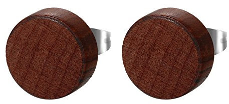 JewelryWe Schmuck Herren Damen Ohrstecker, Edelstahl Holz Runde Ohrringe Piercing Geschenk für Männer Frauen, Braun, 12mm