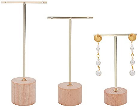 FINGERINSPIRE 3Pcs Gold Metall T Bar Ohrring Display Ständer mit Holz Base (16cm & 14cm & 11.7cm Höhe) Hängen Schmuck Organizer Für Laden Einzelhandel Fotografie Requisiten, Runde Basis