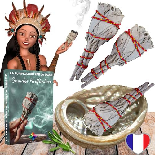 Sauge Blanche Purification - 3 Bâtons de Sauge À Brûler + Coquille d'Ormeau + Ebook Pratique (PDF) – pour Purifier Les Énergies Négatives et Esprits