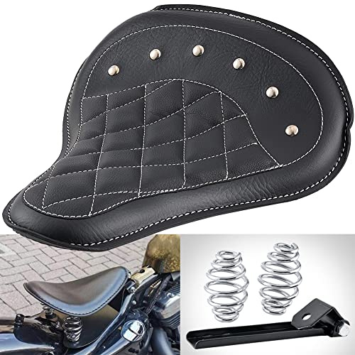 NATGIC Motorcycle Driver Seat with Spring Mounting Bracket Universal Leather Motorcycle Solo Seat Black Rhombus Moto Front SeatsCushion for H-arley Sportster Bobber Chopper Custom