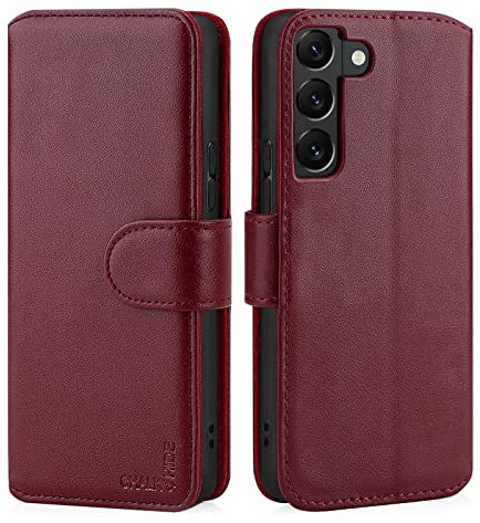 CHALK & HIDE - Real Leather Book Wallet Flip Case Cover For Samsung Galaxy S22, Real Leather Design With Card Slot, Magnetic Closure and Built In Stand - Burgundy