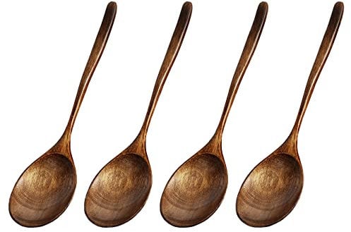 UPTALY 4 pcs Wooden Serving Spoons (9.3'' x 2.2''), Large Mouth Wood Spoon, 100% Natural Phoebe Wood Ladle, Japanese Tablespoon with Curved Handle, for Non-Stick Cookware