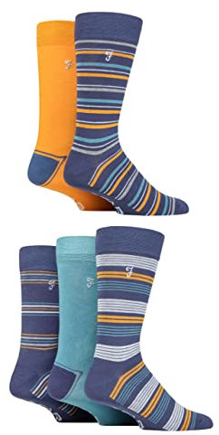 Farah Mens Bamboo Socks, Plain, Patterned, Striped, Argyle, Spotty Designs, Bright Colours, Gift for Him, Pack of 5 - Stripe Navy/Blue 6-11
