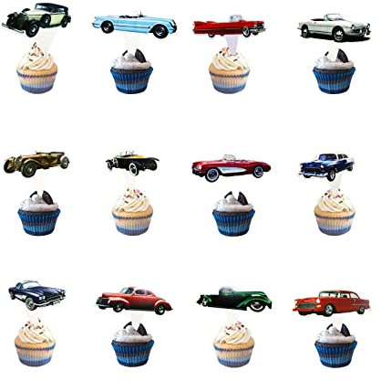 CGLRybO 24 Stück Cupcake Toppers, Klassische Retro Auto Themen Cake Topper, Oldtimer Deko Geburtstag Kuchen Dekoration für Geburtstag, Jahrestag, Hochzeit, Party, Dessert