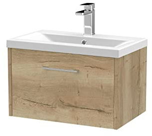 Hudson Reed JNU1822A Juno Modern Bathroom Wall Hung Single Drawer Vanity with Mid-Edge Ceramic Basin, 600mm, Woodgrain Autumn Oak