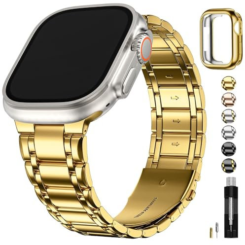 Fullmosa Compatible con Apple Watch Correas Ultra 49mm,Acero inoxidable Correas de Repuesto iWatch con Funda TPU para Ultra Ultra2,Oro Rosa
