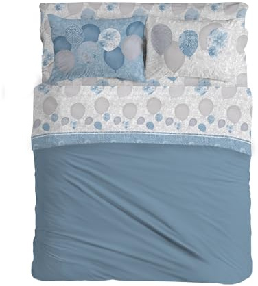 PENSIERI DELICATI Sofaüberwurf 180 x 290 cm, hergestellt in Italien, Überwurf aus 100% Reiner Baumwolle, Muster mit blauen Luftballons, ideal als Überwurf oder Tagesdecke für den Sommer (Einzelbett)