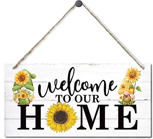 Panneau décoratif « Welcome to Our Home », panneau en bois à suspendre, panneau d'art mural en bois imprimé, panneau de bienvenue tournesol, panneau de porte de ferme, maison de ferme, décoration