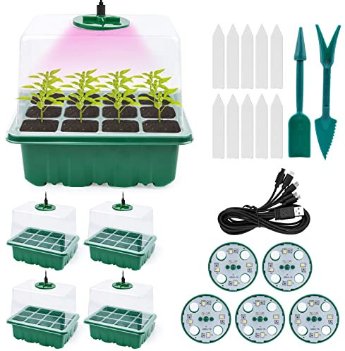 Mini Cultivo de Invernadero, 5 Unidades de Invernadero con luz, Bandeja de Cultivo de Invernadero con Tapa Alta, 10 Etiquetas 2 Herramientas, para Plantas de semillero