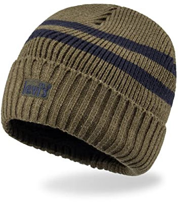 Levi's Herren Cozy Knit Cuffed Logo Patch Hats Beanie-Mütze, Olivgrün gestreift, Einheitsgröße
