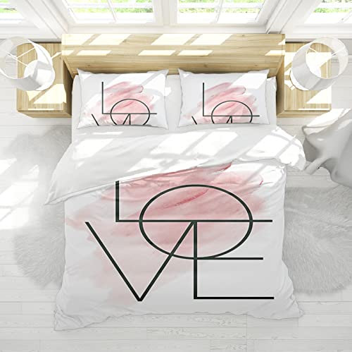 Blanc et Rose Literie Housse de Couette Ensembles de Lignes géométriques Motif 3 pièces 1 Housse de Couette avec Fermeture éclair 4 Cravates 2 Oreiller Shams Pas de draps 200x220 cm