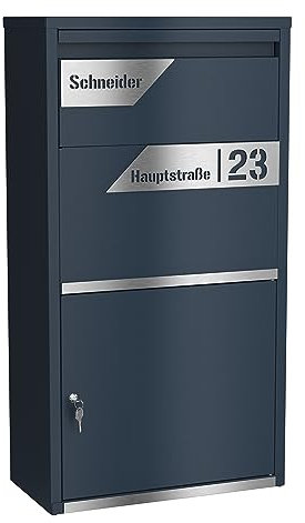 Graviers Design Paketbriefkasten personalisiert freistehend - pulverbeschichteter Stahl mit Edelstahl Namensschild Gravur Schnitt - Briefkasten Rückholsperre Postbox für Pakete Paketbox Design 5