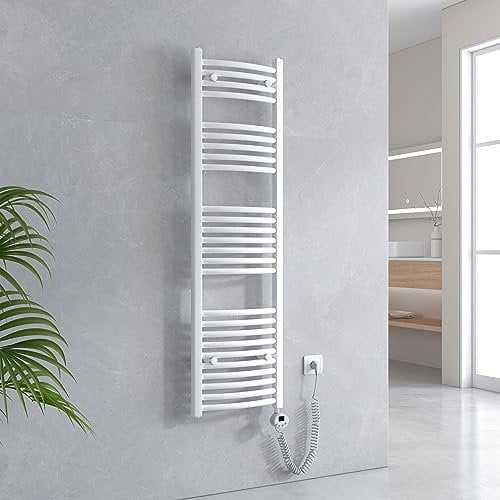EMKE Badheizkörper Elektrisch 1400 x 400 mm, Gebogen Handtuchheizkörper Elektrisch mit Thermostat, Handtuchtrockner Handtuchwärmer mit Timer Weiß 500W