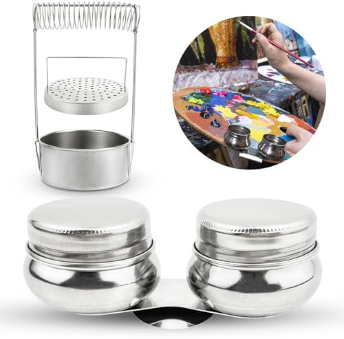 GZLCEU Tasse Double Palette und Laveuse à Brosse Set, Acier Inoxydable Palette de Peinture Double Tasse pour Peinture à l'huile,Aquarelle,Solvants,Eau