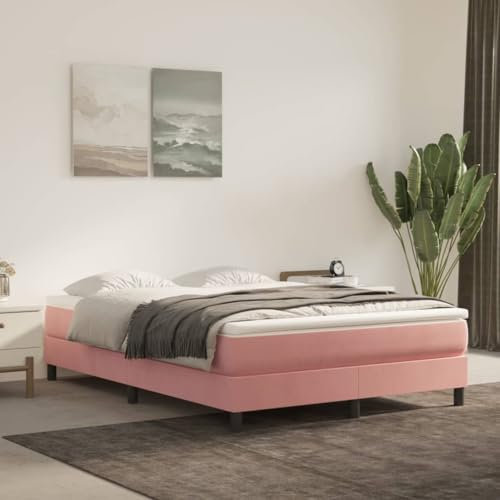Hovothy Boxspringbett Samt 140x190 cm Stauraumbett Gepolsterter Plattformbettrahmen Einzelbett Ausziehbett für Schlafzimmer Gästezimmer Rosa