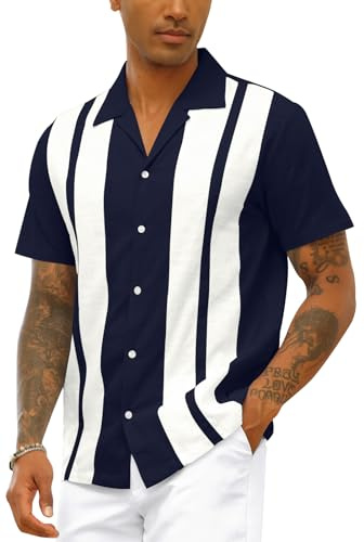 Mens Vintage Bowling Shirt Cotton Linen Beach Shirts Short Sleeve Button Down Summer Tops