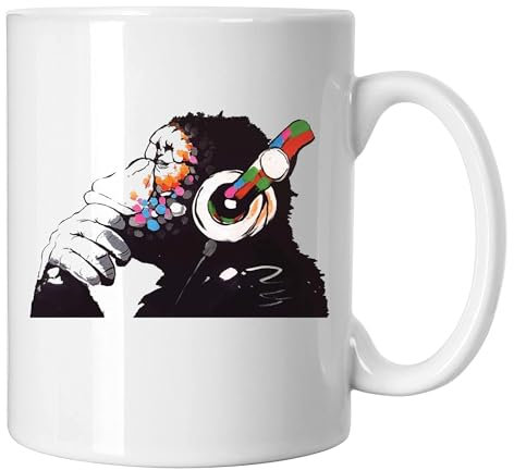 GP-Tees Monkey Dj Banksy Street Artist Inspired Novelty Ceramic Mugs for Men, Women, Home & Work