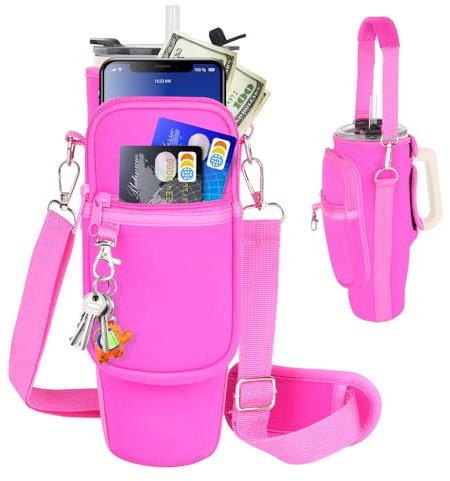 Water Bottle Carrier Bag with Phone Pocket Compatible for Stanley/Mebiusyhc/Meoky 40 oz Tumbler with Handle,Neoprene Water Bottle Holder with Adjustable Strap Compatible for Stanley Cup Accessories