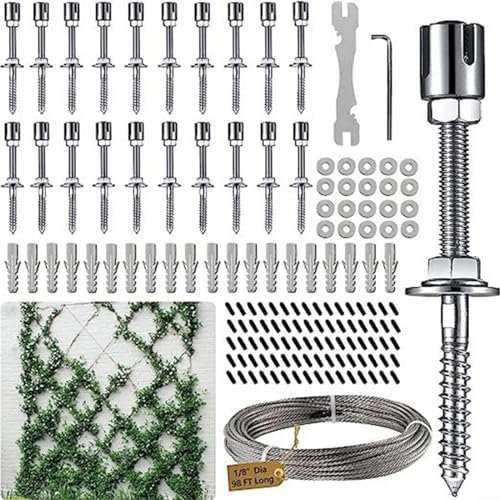 Gbtdoface 20 Sets Robustes Wanddraht-Rankgitter-Set mit 30 m langem Drahtseil, robuste Abstandshalter, Drahtspalier-Set, für Kletterpflanzen, Outdoor-Training, Spalier, Rosen und Glyzinien