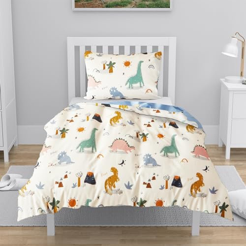 YASMENG Housse de Couette 140x200 Enfant Motif Dinosaure Parure de Lit Enfant 100% Coton Réversible Linge de Lit Cartoon Animaux Enfants Garçons avec Fermeture Éclair avec Taie d'oreiller 65x65 cm