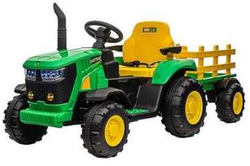 Trattore Elettrico Cavalcabile con Rimorchio per Bambini, Luci e Suoni, Radiocomando, Stereo FM, USB, Micro SD, Velocità 2-3 km/h, Batteria 12V 7Ah, Motore 25W