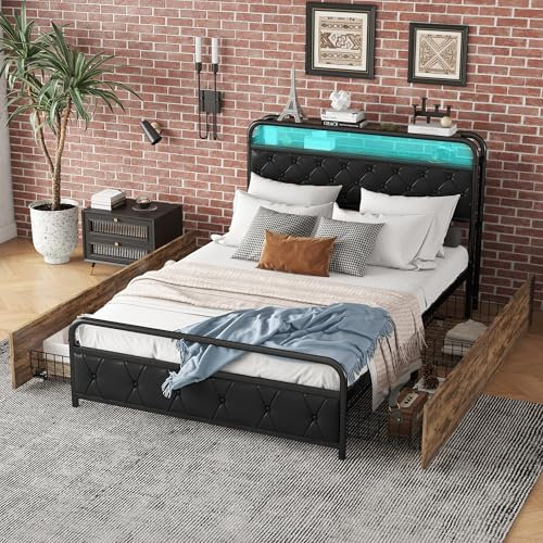 MQLAE Polsterbett 140x200 mit LED und USB, Doppelbett mit 4 Stauraum Schubladen, Polster Kopfteil mit Regal, Stauraumbett Metallbett Jugendbett Bettgestell, Schwamm, Ohne Matratze (Schwarz)