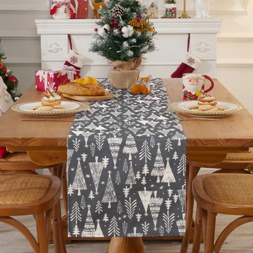 Alishomtll Weihnachten Tischläufer Grau, Weihnachtsbaum Leinen Tischläufer, Schneeflocke Moderner Abwaschbarer Tisch Läufer, Weihnachtsdekoration für Esstisch Winter Party Küche Urlaub 35x183cm