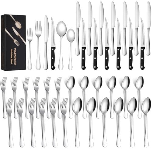 Juego de cubiertos para 6 personas, 36 piezas, acero inoxidable, con cuchillo de carne, pulido brillante, elegante, con cuchillo, tenedor, cuchara, para familia/fiesta/restaurante, apto para