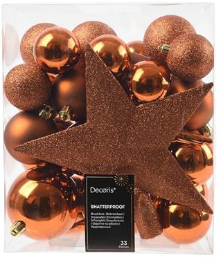 Weihnachtskugeln Kunststoff mit Christbaumstern 33er Set - bruchsichere Christbaumkugeln Weihnachtsbaumkugeln und Christbaumspitze - Christbaumschmuck & Weihnachtsbaumschmuck - Warm Orange