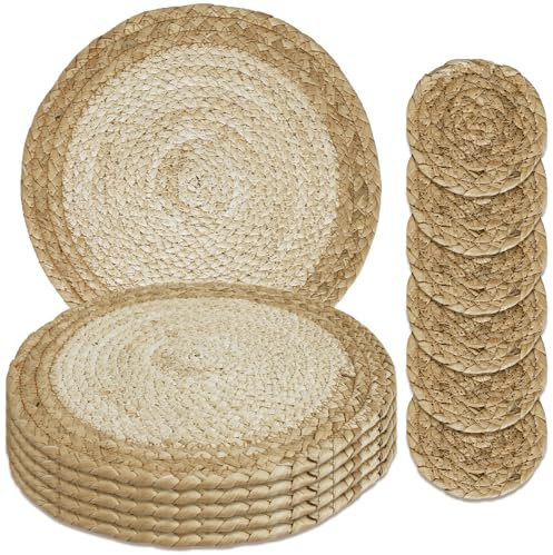 MI CASA Boho Tischsets Platzsets Abwaschbar 6er Set, Runde Platzdeckchen mit Untersetzer, aus Natürlicher Baumwolle, Handgefertigte Placemats Rund Hitzebeständig für Esstisch Hochzeit Weihnachten